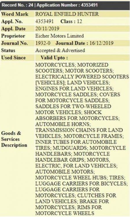 Royal Enfield Trademark Application