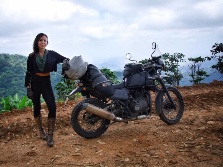 A Motogypsy and her fully packed Himalayan above La Victoria Coffee plantation on roads toward El Dorado. -Janelle Kazrado.Janelle Kaz