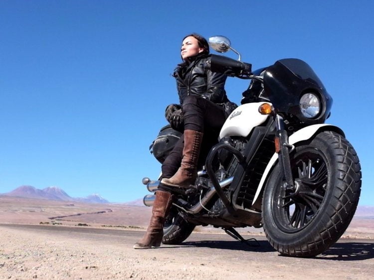 Author with her Indian Scout Sixty in the Salar de Atacama of the Los Flamencos National Reserve. -Janelle Kaz