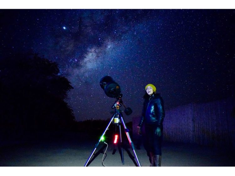 Next time I would definitely try to finagle my motorcycle into the photo. The brightest point you see the telescope pointed at is Jupiter. -Janelle Kaz