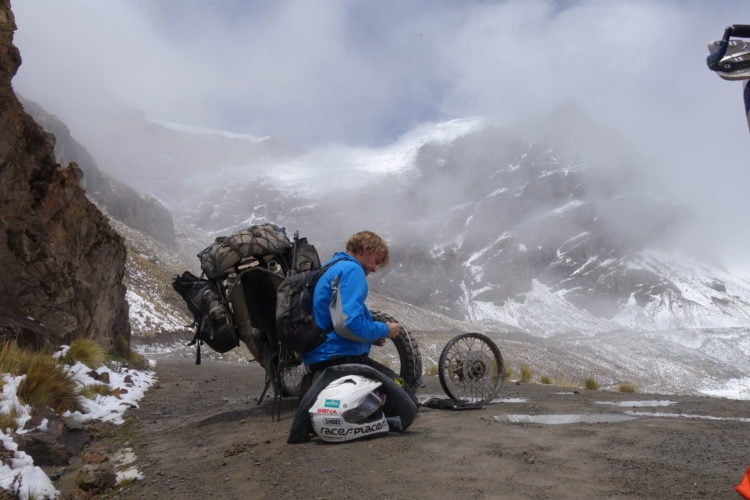 2016: Peru, South America 16000ft altitude stitching my damaged tyre.